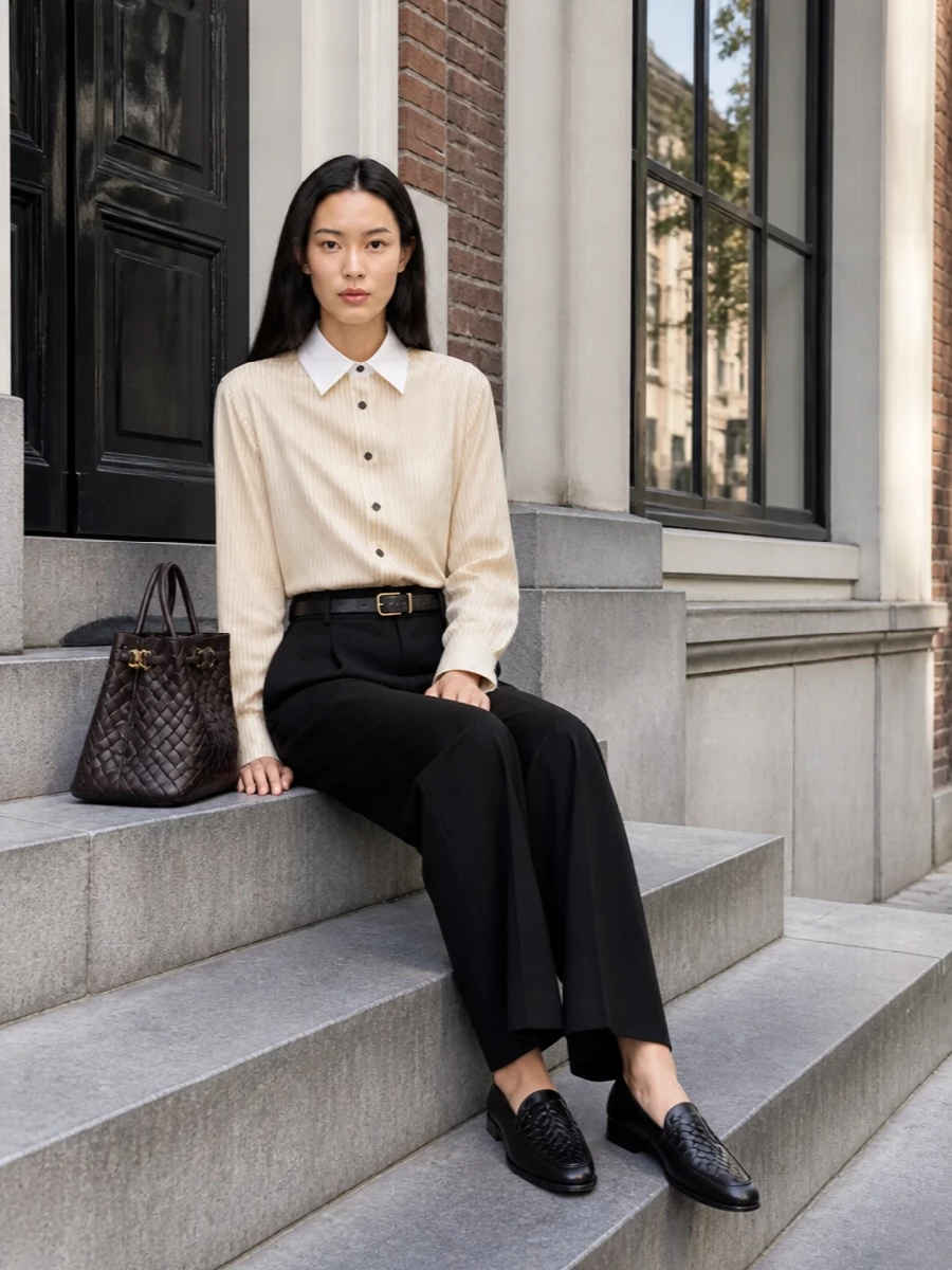 Bottega veneta striped shirt black tailored trousers