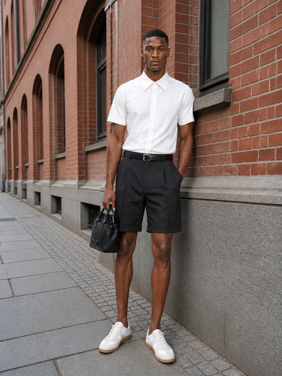 Charcoal pleated shorts meet a crisp white Margiela shirt for a sharp, graphic play of light and dark that feels polished yet easy in warm weather. Off-white gum-sole sneakers soften the formality just enough, while a compact black tote and a clean Prada belt keep the lines structured and precise without cluttering the silhouette.