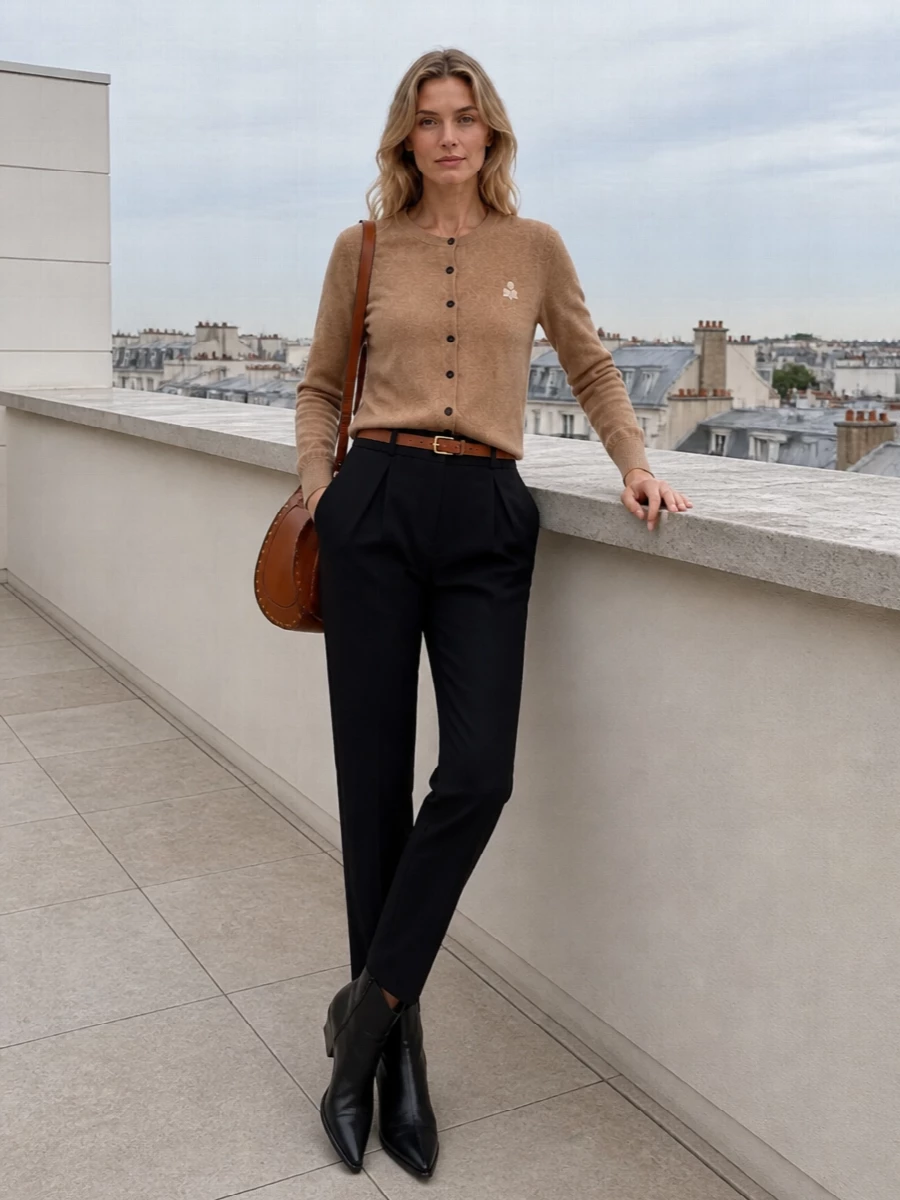Camel knit, tapered black trousers and a cognac saddle bag create a soft, Parisian-neutral palette with just enough definition. The pointed western boots keep the line sharp and modern while still relaxed. A slim tan belt quietly pulls the proportions together and reinforces the warm leather accents.