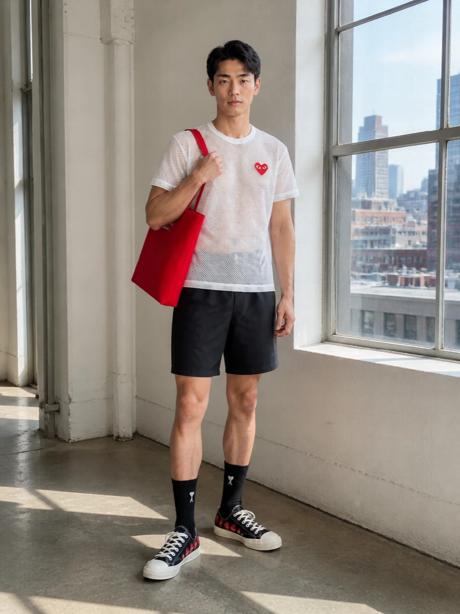 Comme des garcons play mesh tee black y3 shorts
