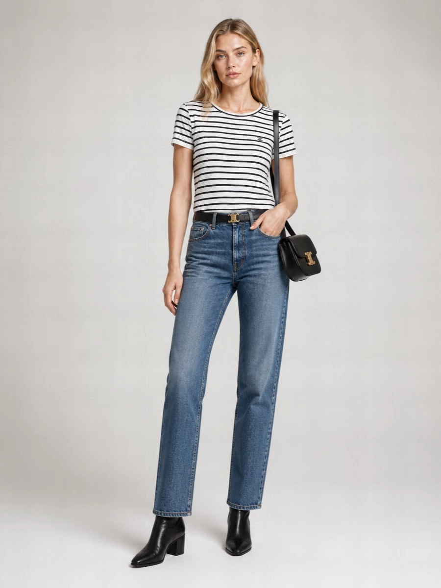 Faded straight-leg denim meets a striped Celine tee for that precise Parisian balance of relaxed and considered. Black ankle boots, a structured Triomphe shoulder bag, and a slim logo belt sharpen the silhouette without breaking the ease. The result is a quiet luxury uniform that works from coffee runs to low-key dinners with a simple switch of jewelry or lip color.