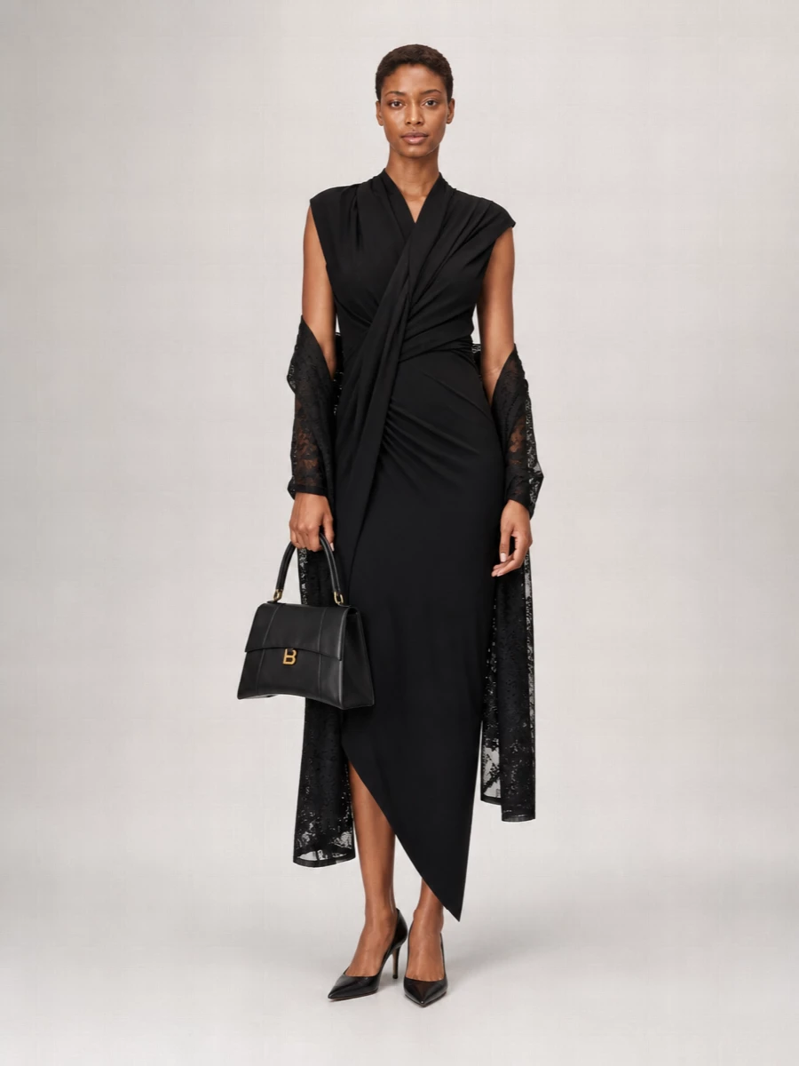 Balenciaga Draped Asymmetric Sleeveless V-Neck Midi Dress
