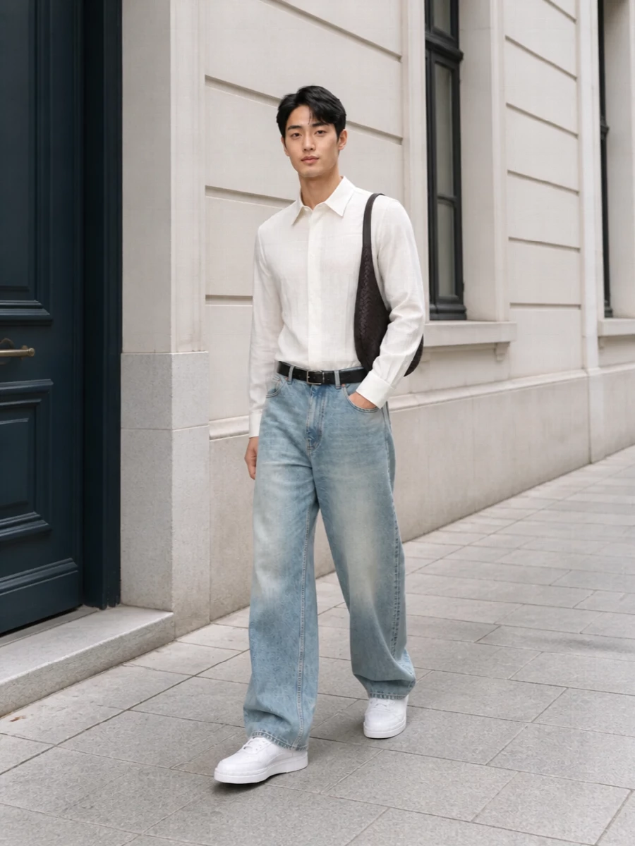 Valentino wide leg jeans outfit sneakers