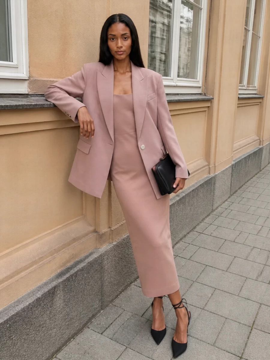 Attico blush blazer nude column dress outfit