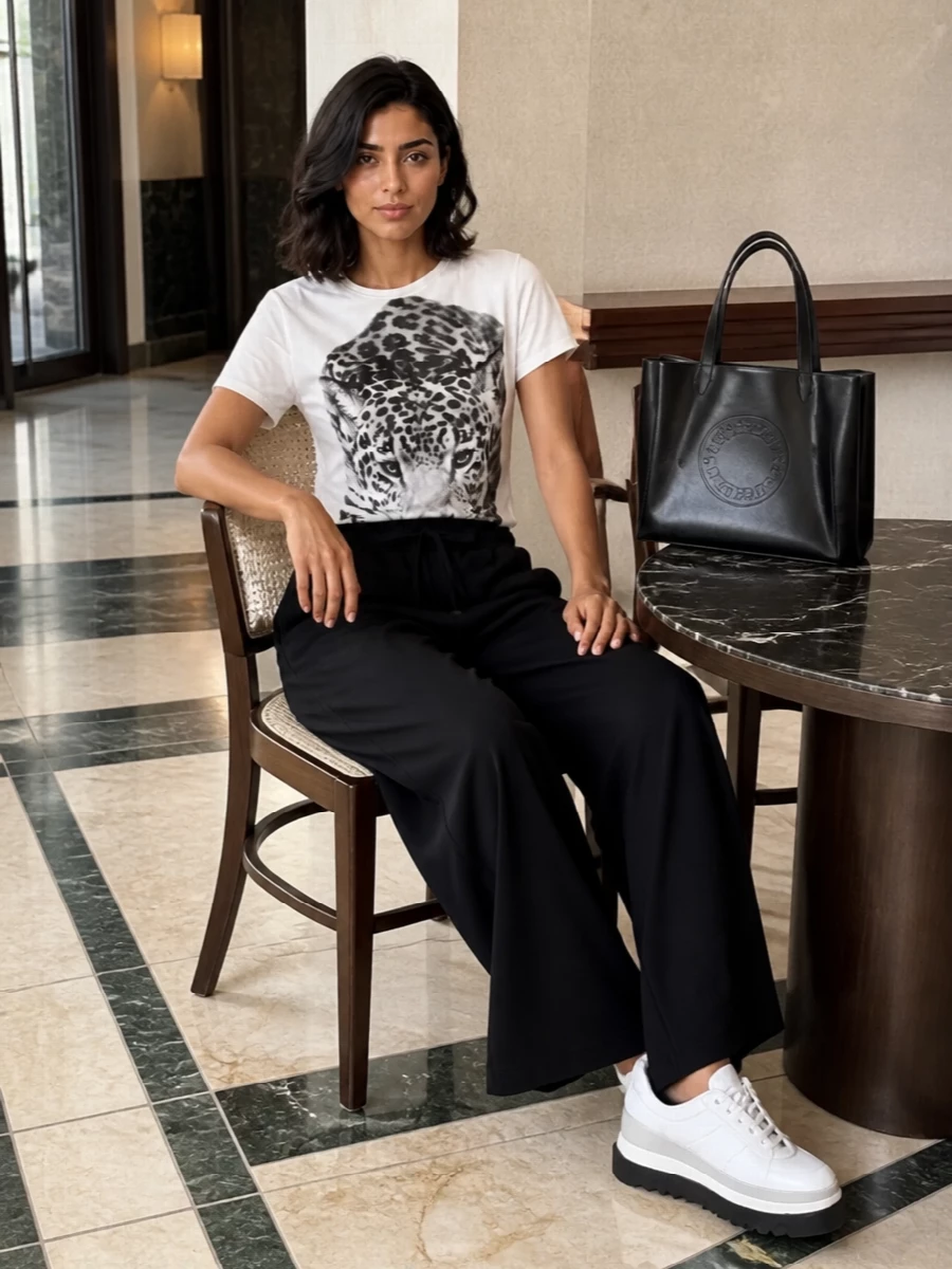 Stella mccartney leopard tee black wide leg pants