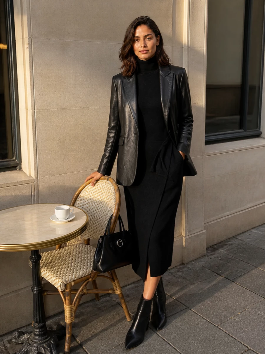 Parosh leather blazer coat black knit midi dress