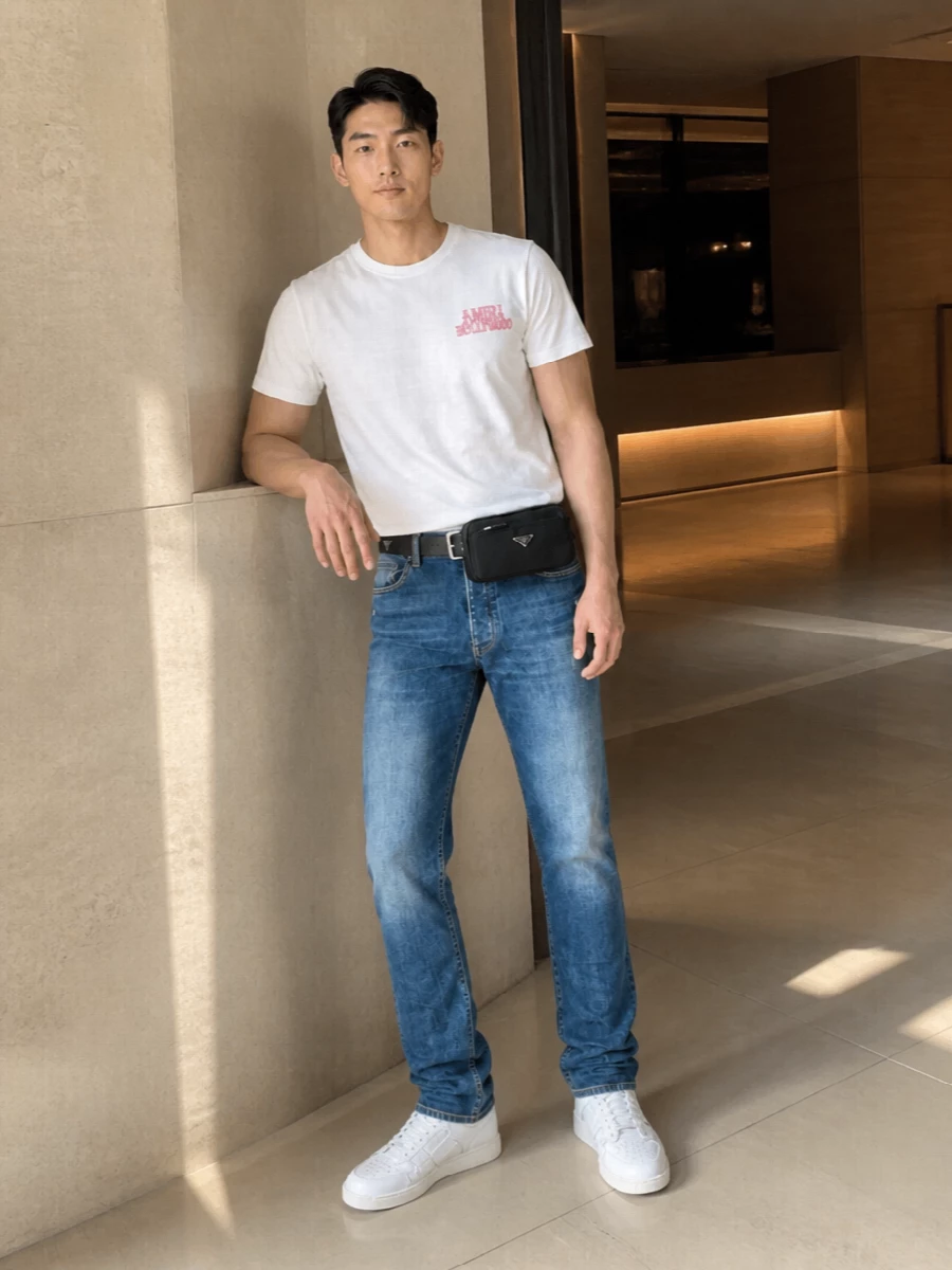 A clean Amiri tee and sharpened straight-leg denim form a crisp, LA-inflected base that feels relaxed but considered. White court-inspired sneakers keep the palette fresh, while a black Prada belt bag and slim leather belt add just enough structure and designer edge without crowding the graphic detail.