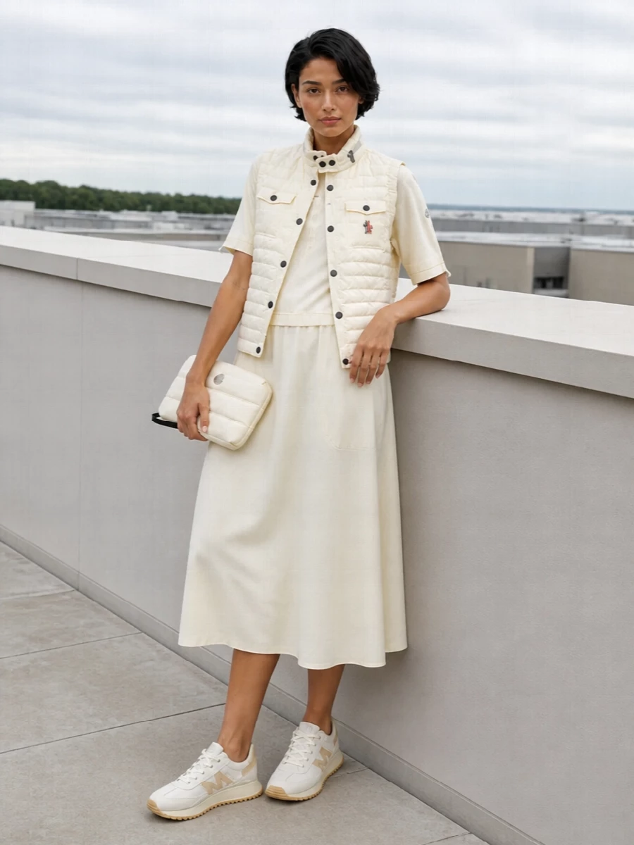 I chose the dress route so the ivory Moncler gilet can sit over one clean, uninterrupted column of colour, which feels more refined than splitting the line with a separate top and bottom. The drawstring-waist midi dress, tonal runners and padded cream clutch keep everything in a soft, technical neutral story that reads polished yet relaxed. It is an easy city-to-weekend ensemble that lets texture and subtle branding do the work instead of contrast.
