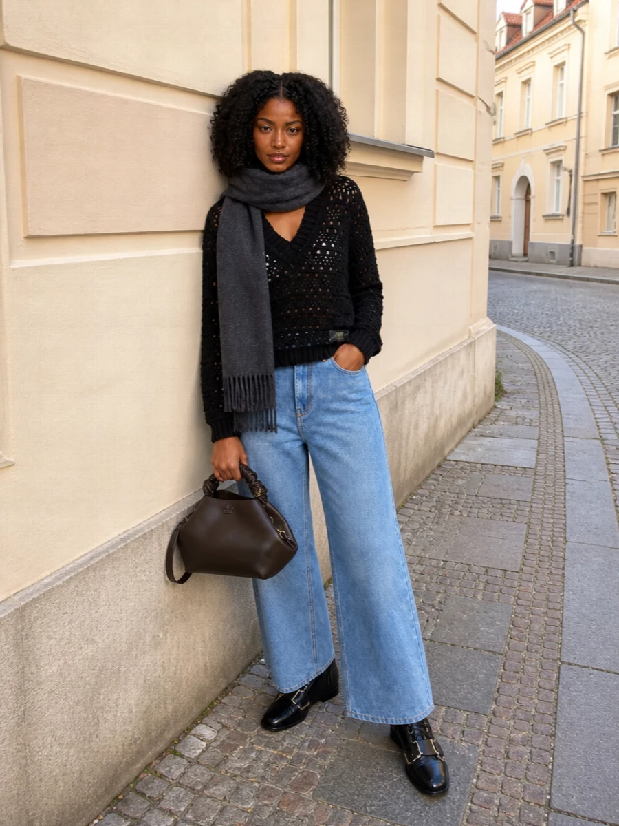 Ganni black open knit jumper wide leg jeans
