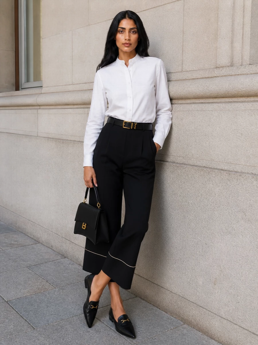 The look centers on the Fendi high-waisted cropped wide-leg trouser paired with a precise white Fendi shirt for a monochrome, gallery-to-dinner take on SS tailoring. Black pointed loafers and a sculptural Balenciaga top-handle bag keep the lines elongated and polished, while a slim gold-buckled belt quietly sharpens the waist without interrupting the clean black-and-white palette. It’s an elegant, architectural uniform that feels effortless yet impeccably considered.