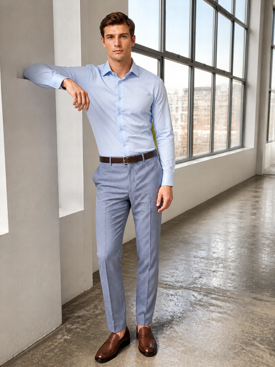 Light steel blue tailoring meets a spectrum of soft blues for a calm, modern take on office dressing. A pale ice blue shirt keeps the line crisp while brown leather accessories warm the palette without breaking the quiet mood. The result is a polished, subtly tonal outfit that moves easily from client meetings to dinner reservations.