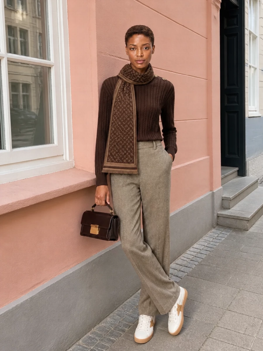 Golden goose brown sweater taupe trousers outfit