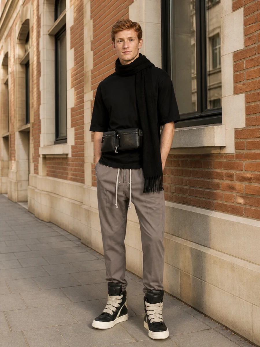 Rick owens taupe shorts black tee high top sneakers