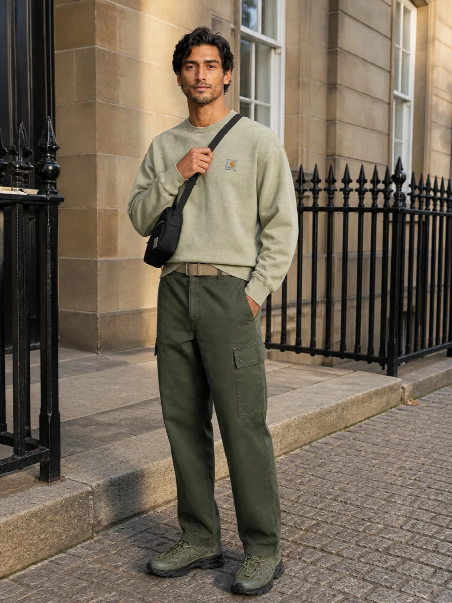 Olive cargos are paired with a washed sage crewneck to create a soft, tonal base that feels grounded and easy. Technical olive runners keep the utility story consistent while adding comfort and a subtle graphic edge. A compact black crossbody and sand webbing belt finish the outfit with clean, functional touches that do not compete with the relaxed silhouette.