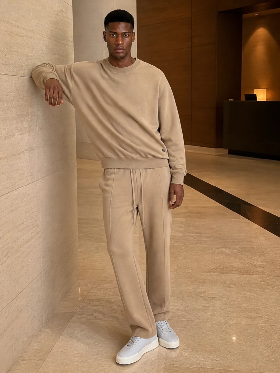 Fear of god camel crewneck outfit sneakers
