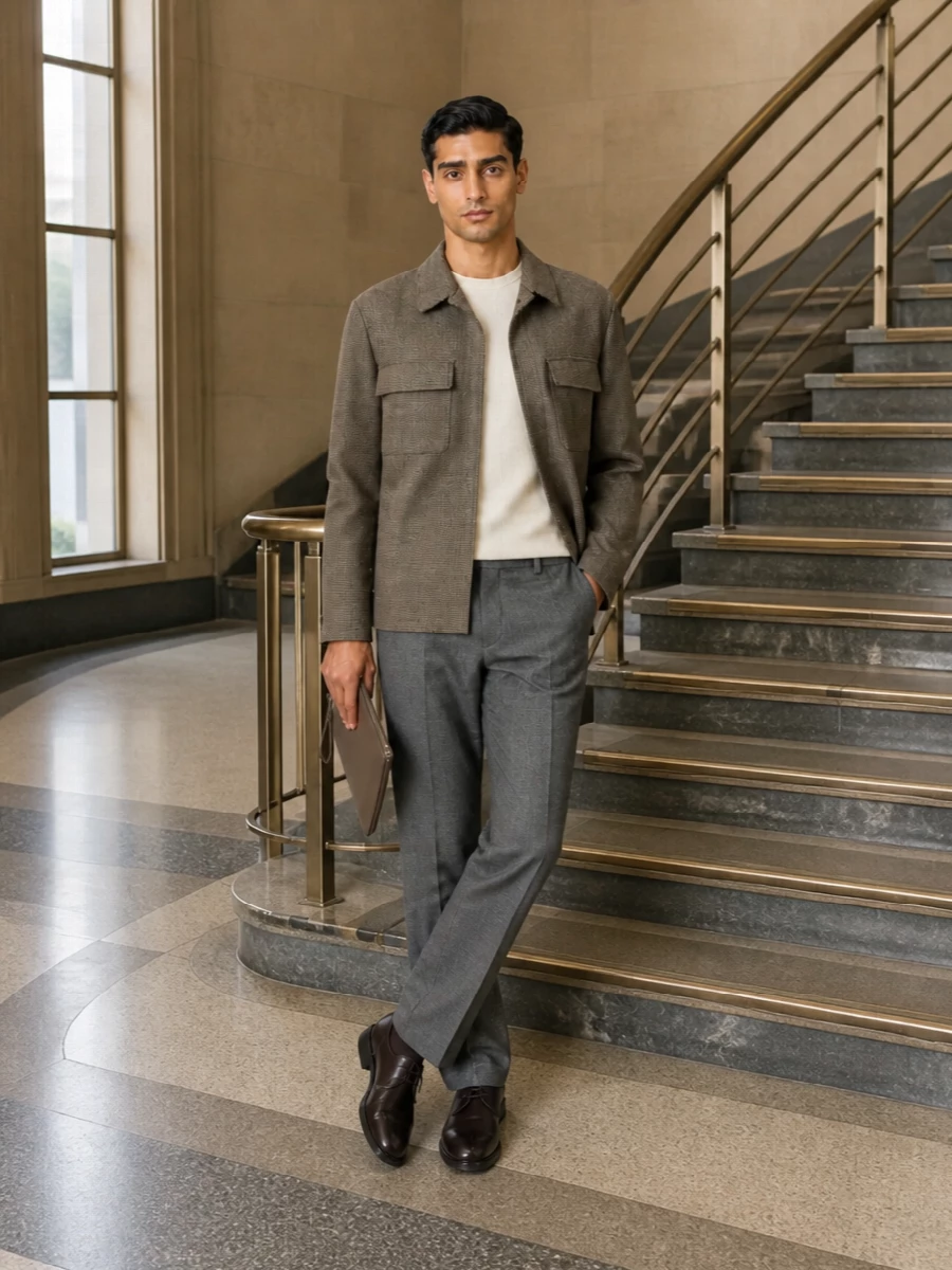 Lardini shirt jacket grey trousers outfit
