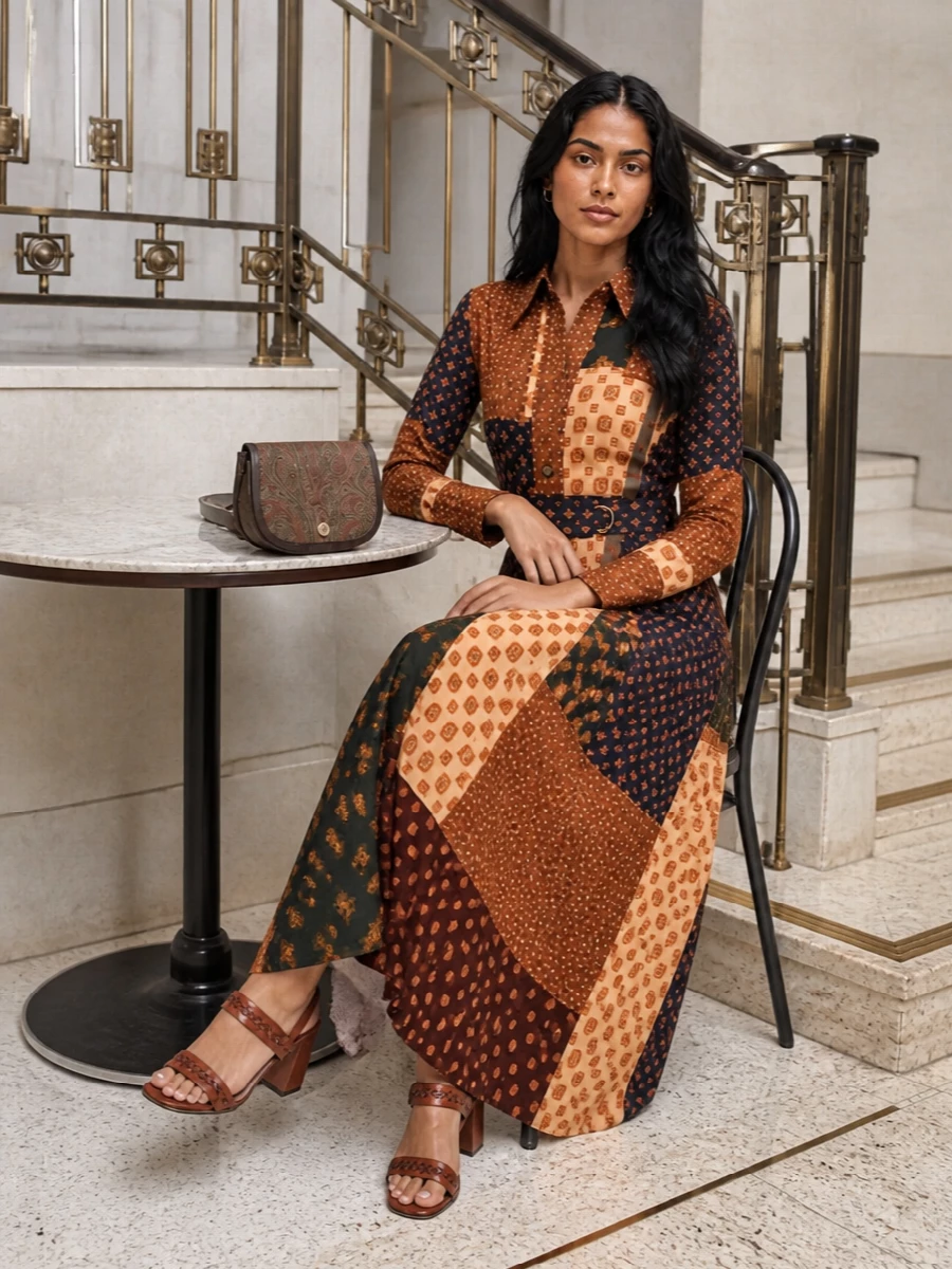 Zimmermann’s patchwork shirtdress meets warm terracotta heels and a paisley Etro cross-body for a rich, romantic take on autumn days. The mix of structured shapes and soft boho patterning keeps it polished enough for daytime plans that drift into dinner.