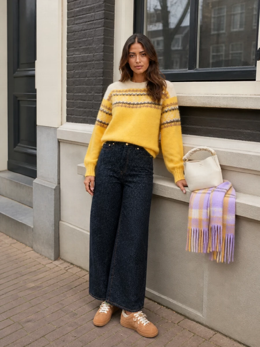 Ganni yellow fair isle jumper wide leg jeans