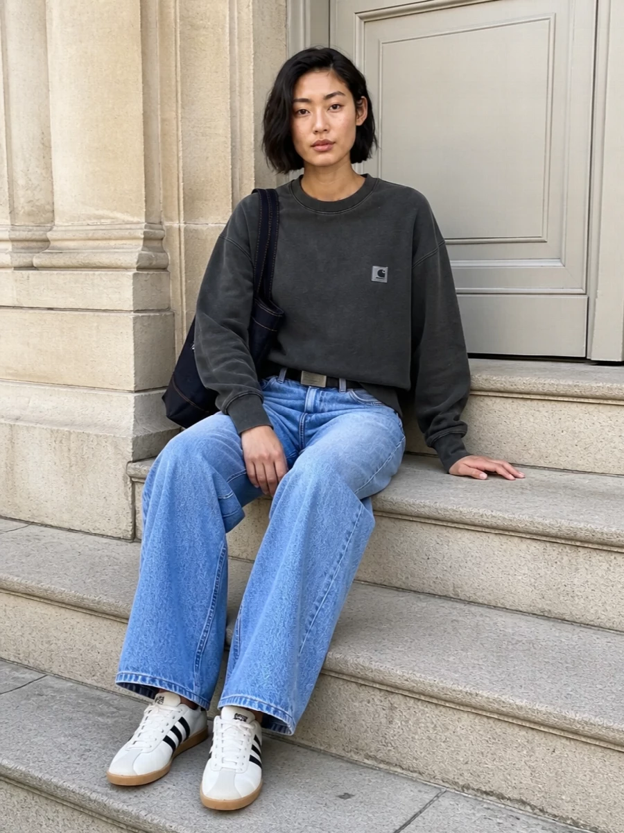 Carhartt jeans adidas sneakers apc denim tote