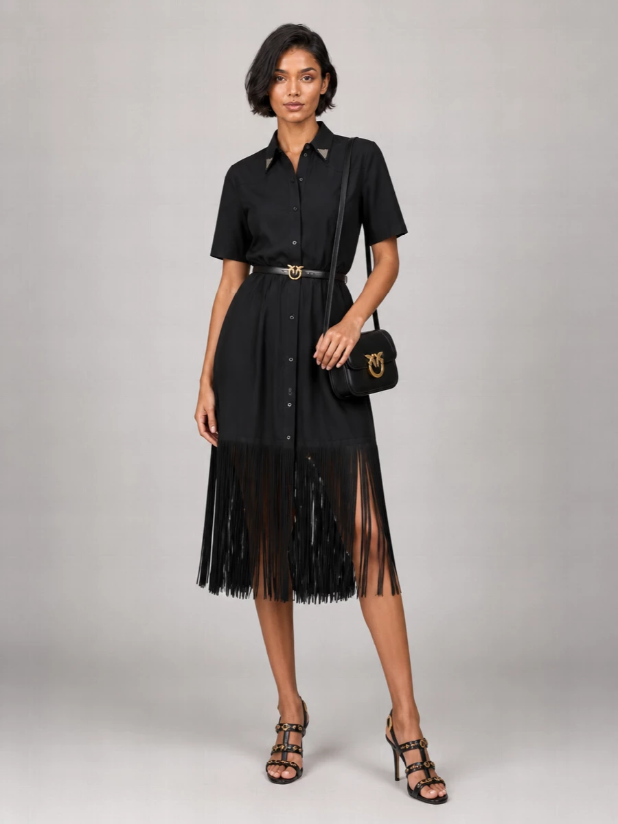 Pinko Cotton Poplin Shirt-Collar Fringe Midi Dress