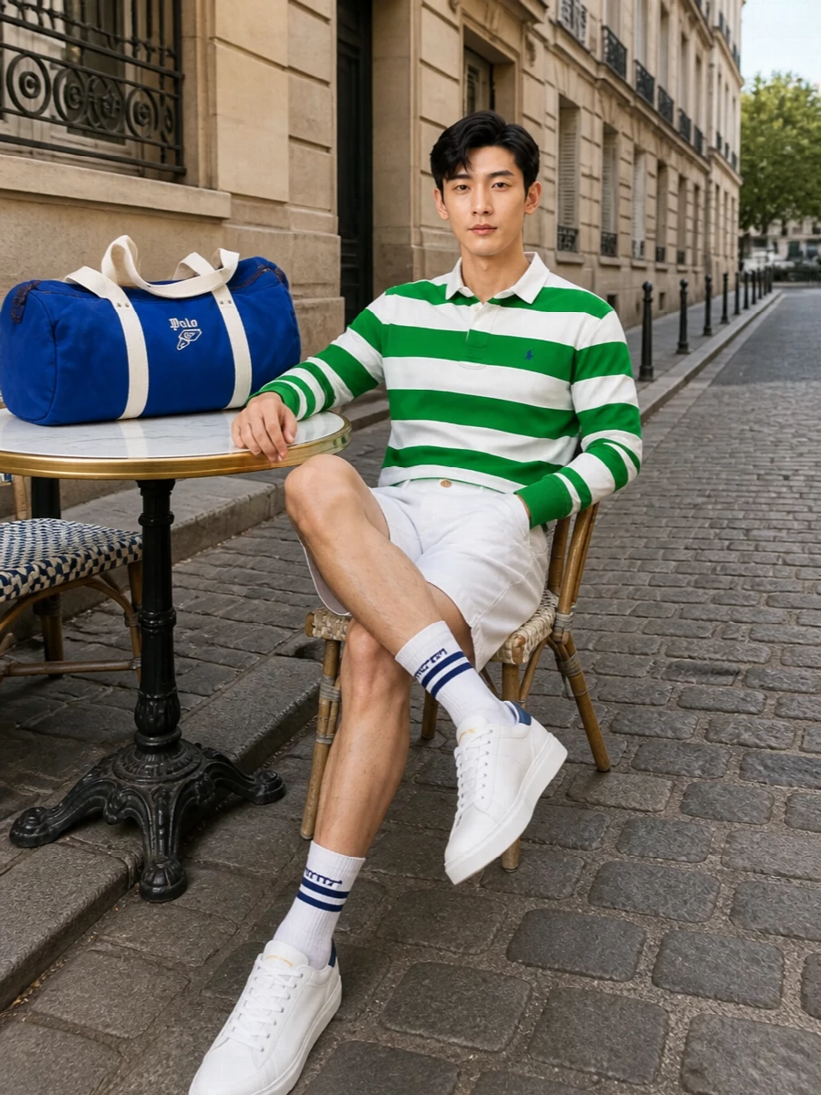 A bold green rugby is cleaned up with sharp white chino shorts, giving that classic campus energy without feeling heavy. White and navy leather sneakers keep the palette tight and sporty, while the Polo duffle and striped socks underline the relaxed, weekend-ready mood. It is the kind of outfit that works for a city coffee run, a sideline afternoon or a casual dinner on the terrace.