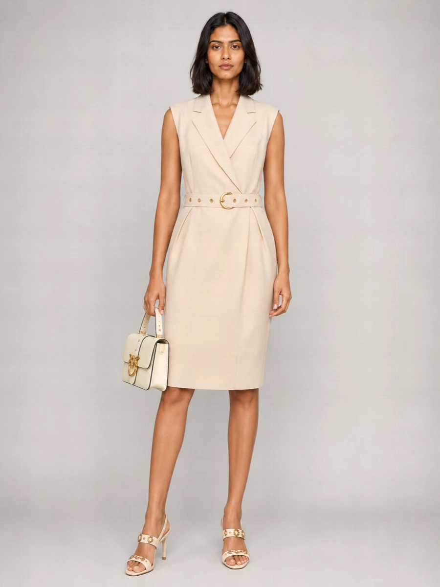 I anchored this around the dress rather than separate tailoring so the sleeveless blazer shape can run clean and uninterrupted, echoing the source piece without competing lapels or extra layers. The result is a tonal, tailored column in soft beige, sharpened with cream strappy heels and a compact buttercream flap bag for a precise, city-evening mood. It feels like modern summer suiting translated into one confident piece, with metal hardware as the only punctuation.