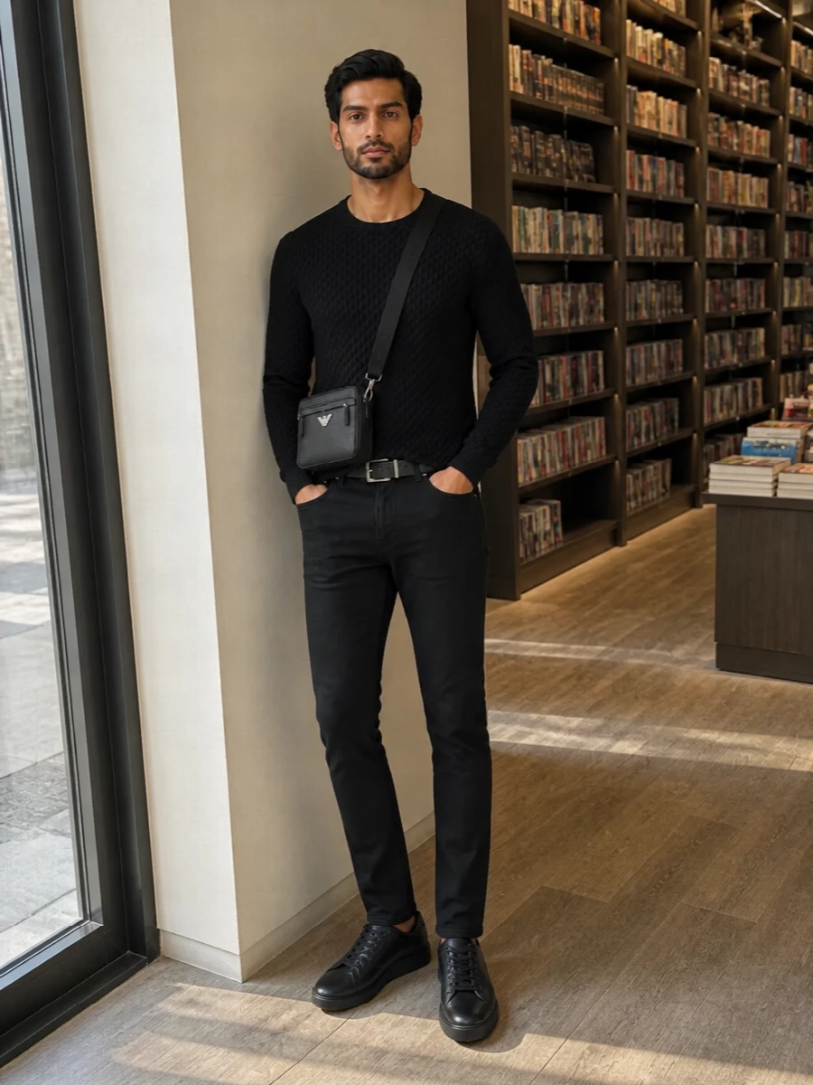Emporio armani black jeans textured knit sneakers