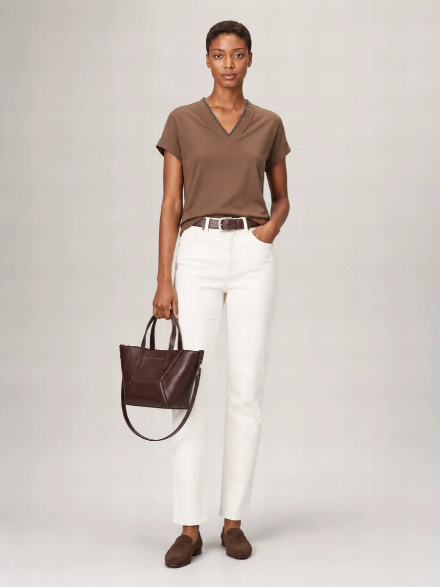 Brunello Cucinelli Rolled Cuffs V-Neck Short Sleeve Top