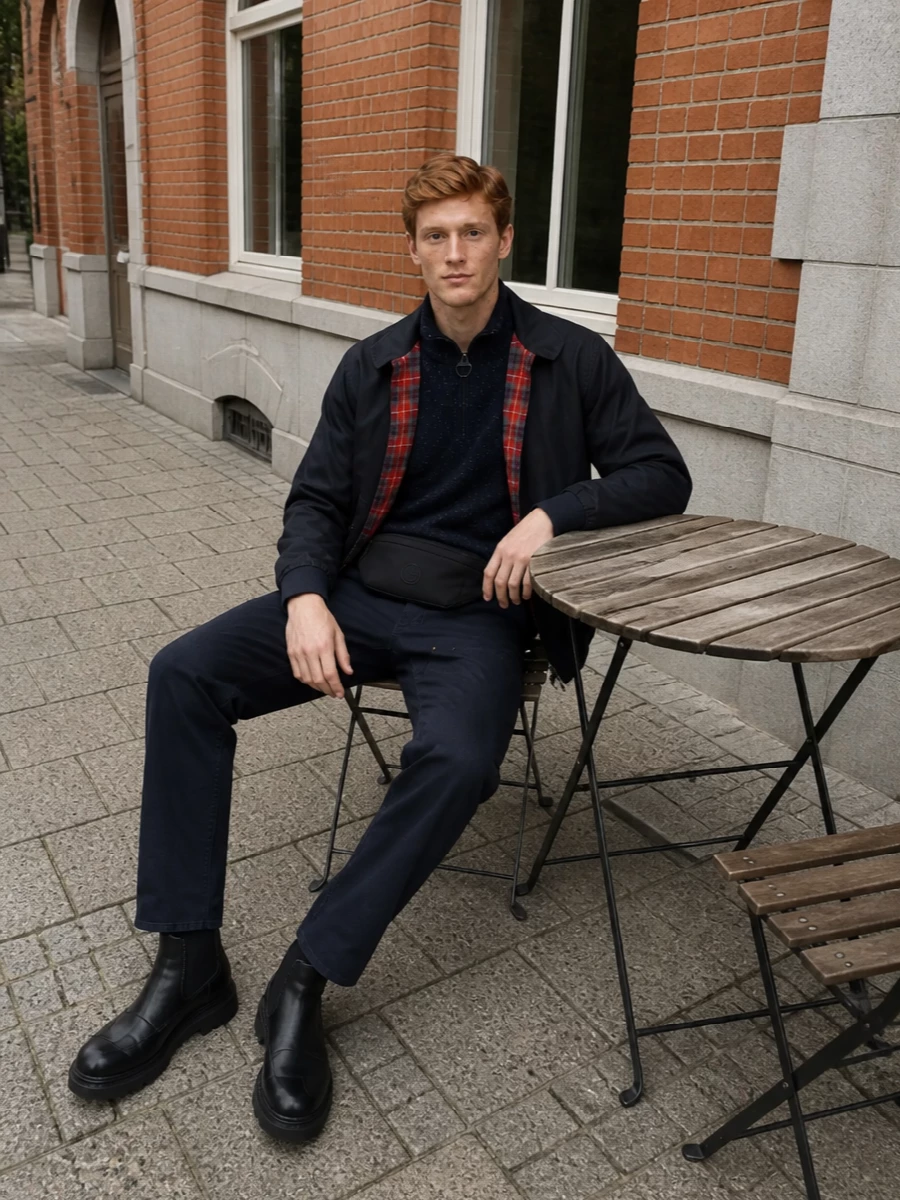 A British mod bomber sits over a clean navy half‑zip, straight utility trousers and chunky Chelseas for a city uniform that feels grounded but not stiff. Dark, close tonal shifts keep the tartan lining as the quiet accent, while the compact belt bag adds hands‑free practicality without breaking the palette. It is an easy autumn into winter rig for errands, pub nights and casual office days alike.