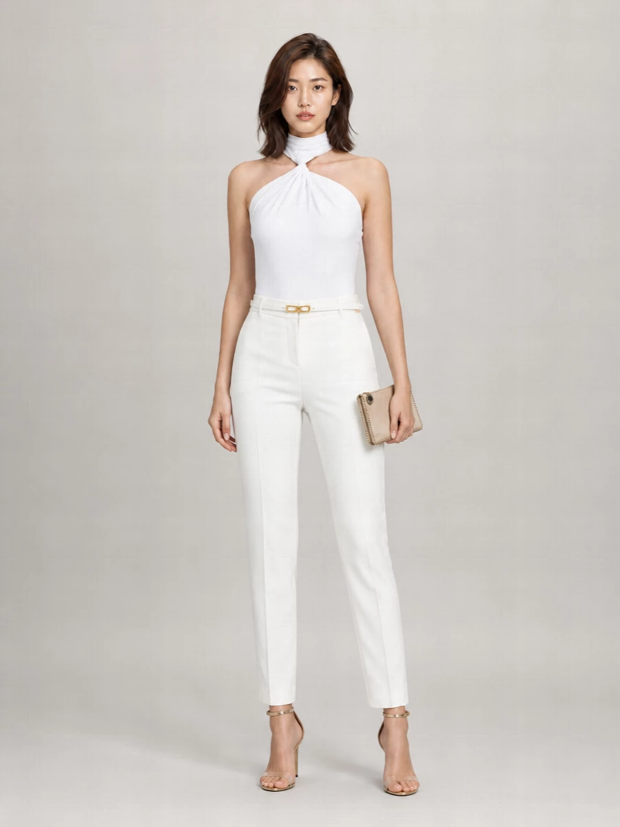 An all-ivory column built around the twisted halterneck bodysuit feels sleek, modern and unapologetically party-ready. High-waisted slim trousers sharpen the silhouette, while nude stilettos and a champagne clutch keep the palette soft but directional. A slim white belt is the only structure at the waist, letting the sculpted neckline stay the focus for summer evenings and rooftop cocktails.