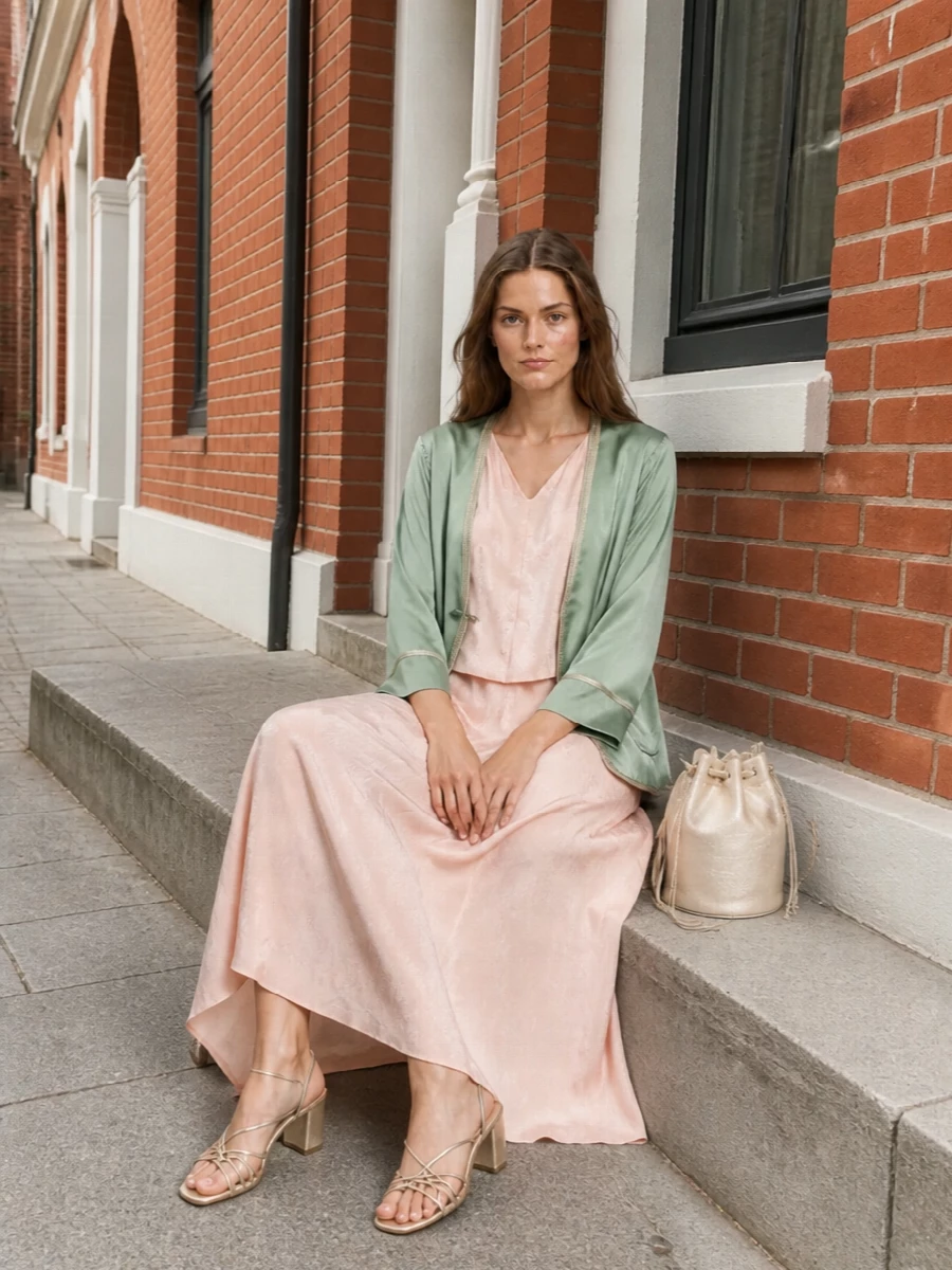 Forte forte satin jacket blush maxi dress outfit