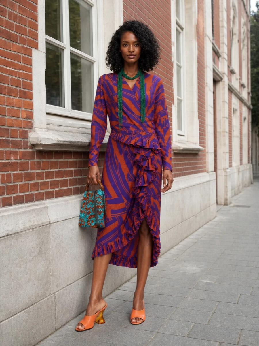 A heady Dries Van Noten moment built on violet and orange, this pairing turns the asymmetric high waist into the anchor for a wrapped, draped upper half and sculptural heels. The palette stays tight, so the play between print, ruffle and wedge feels artful rather than chaotic. A sequinned mini bucket and a sliver of emerald at the neck finish it like wearable gallery art for warm‑night parties and openings.