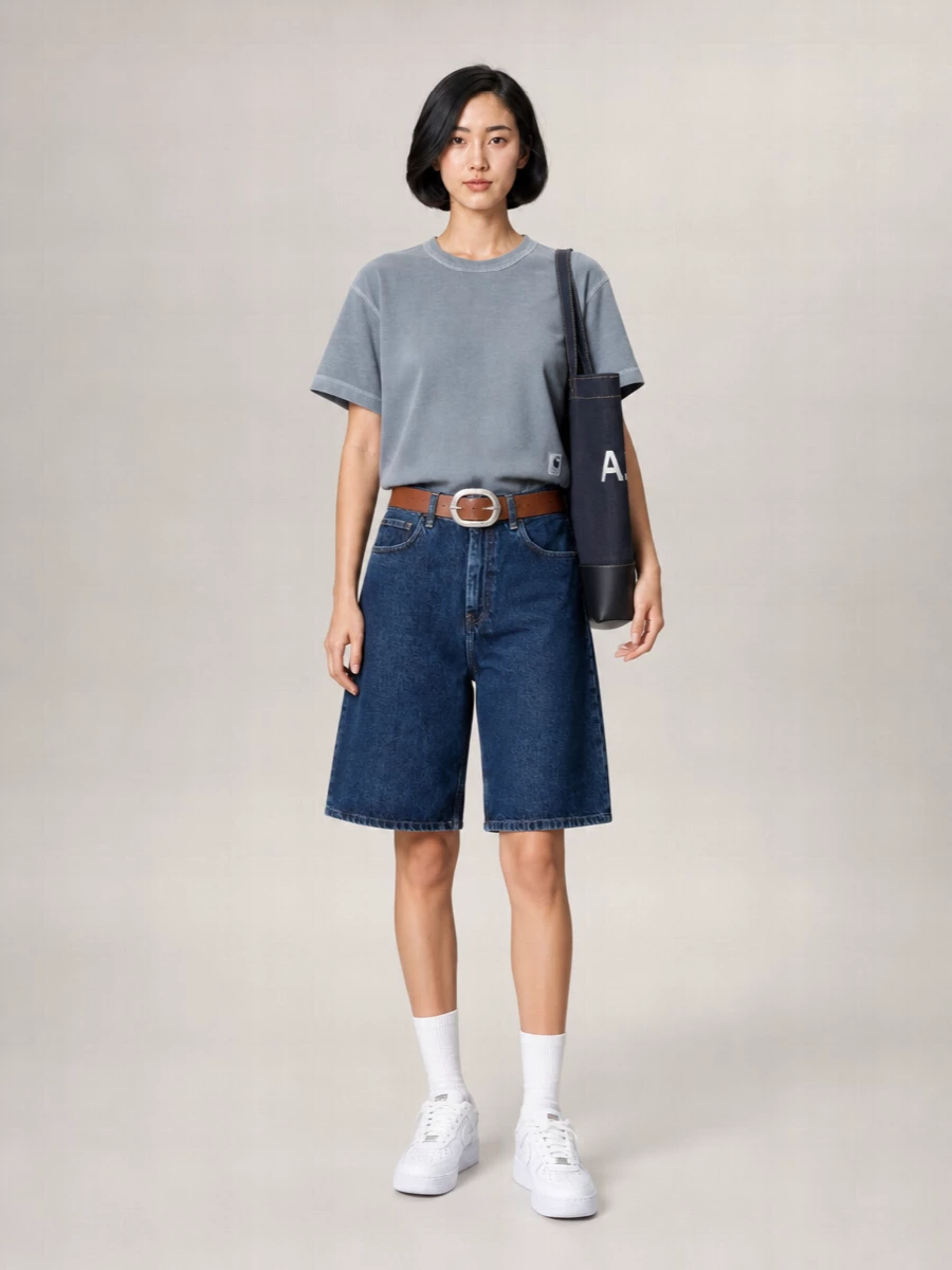 A long, loose indigo short meets a slate boxy tee for a clean workwear spin on skate styling, all kept in a tight blue and neutral palette. White low-top sneakers keep it fresh and sharp, while a structured navy tote and sculptural tan belt add just enough polish without disturbing the laid back attitude.