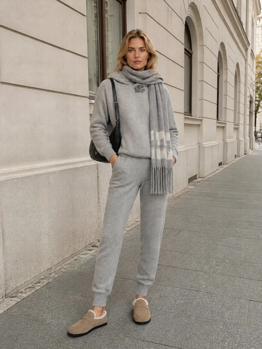 Prada grey hoodie matching knit joggers outfit