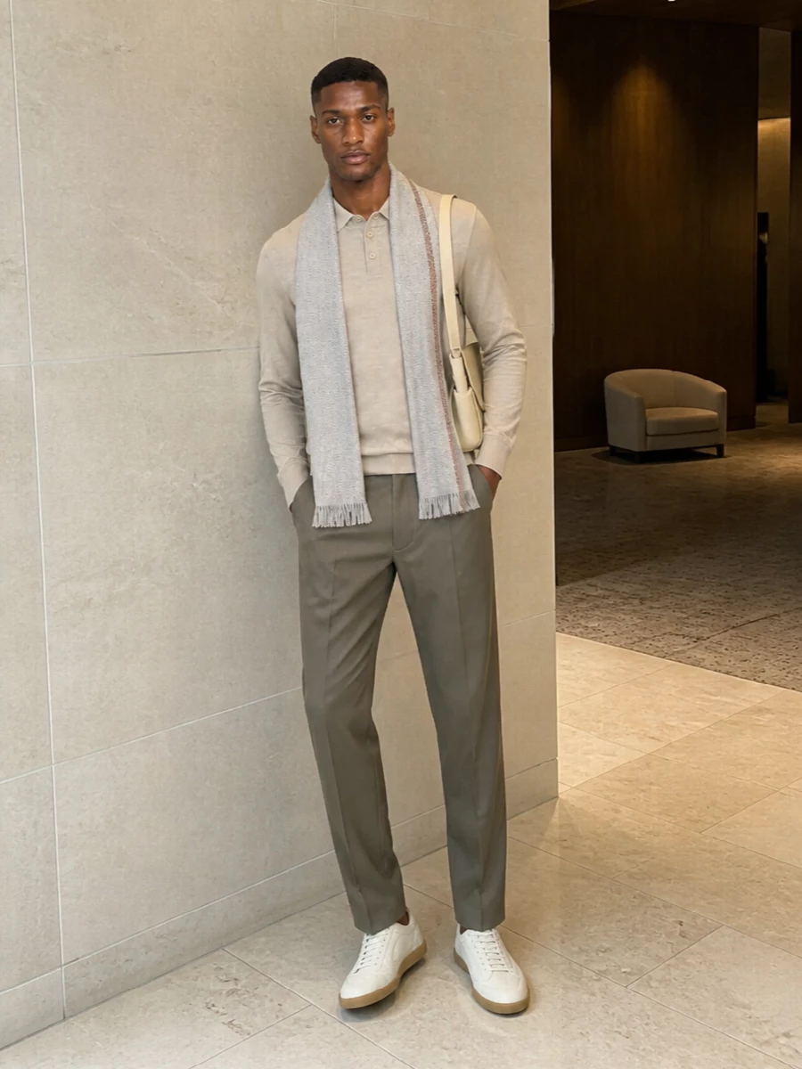 Zanone polo zegna taupe trousers cream sneakers