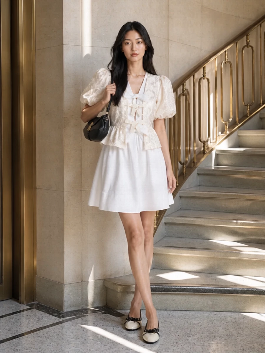 Ganni ivory jacket white bow dress outfit