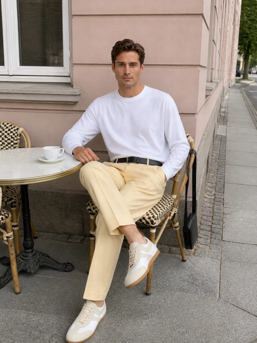 Soft neutrals keep this outfit calm and precise, with the pale butter trouser and white tee reading relaxed but intentionally put together. Retro sneakers and a streamlined crossbody keep everything easy for the city, while a discreet belt adds just enough structure at the waist. It is quiet, modern dressing that feels considered without ever trying too hard.