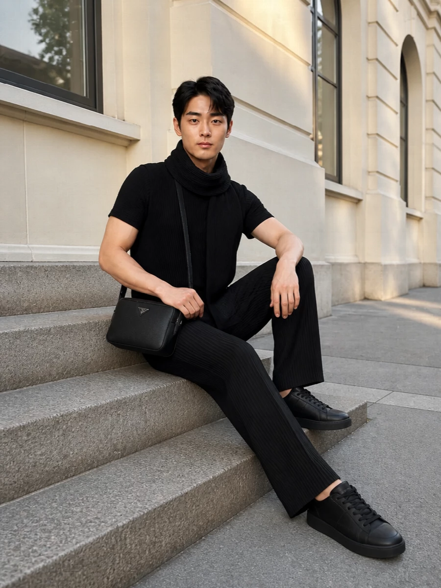 A monochrome pleated tee and inky straight-leg trouser create a sculpted, columnar line that feels calm and precise for city days. Tonal black sneakers keep the silhouette light but grounded, while a compact crossbody and ribbed scarf add just enough structure and texture to underline the quiet luxury mood.