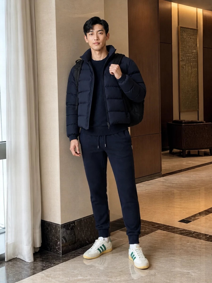 A deep navy base runs head to toe, so the cropped Fred Perry puffer, clean knit and tapered joggers read as one sharp, athletic line. Off-white and forest green trainers pick up the laurel wreath logo without shouting, while a black technical backpack keeps the whole thing ready for real city miles.