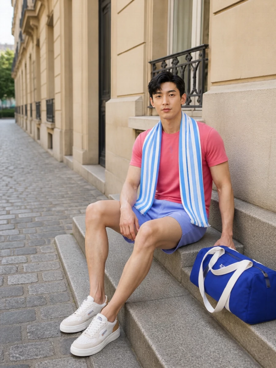 Coral on top with cool periwinkle shorts creates a fresh, collegiate colour story that still feels relaxed enough for seaside walks or city ice‑cream runs. Off‑white retro trainers and a royal‑blue duffle keep it grounded and sporty, while the striped scarf nods to a coastal vibe without overcomplicating the palette.