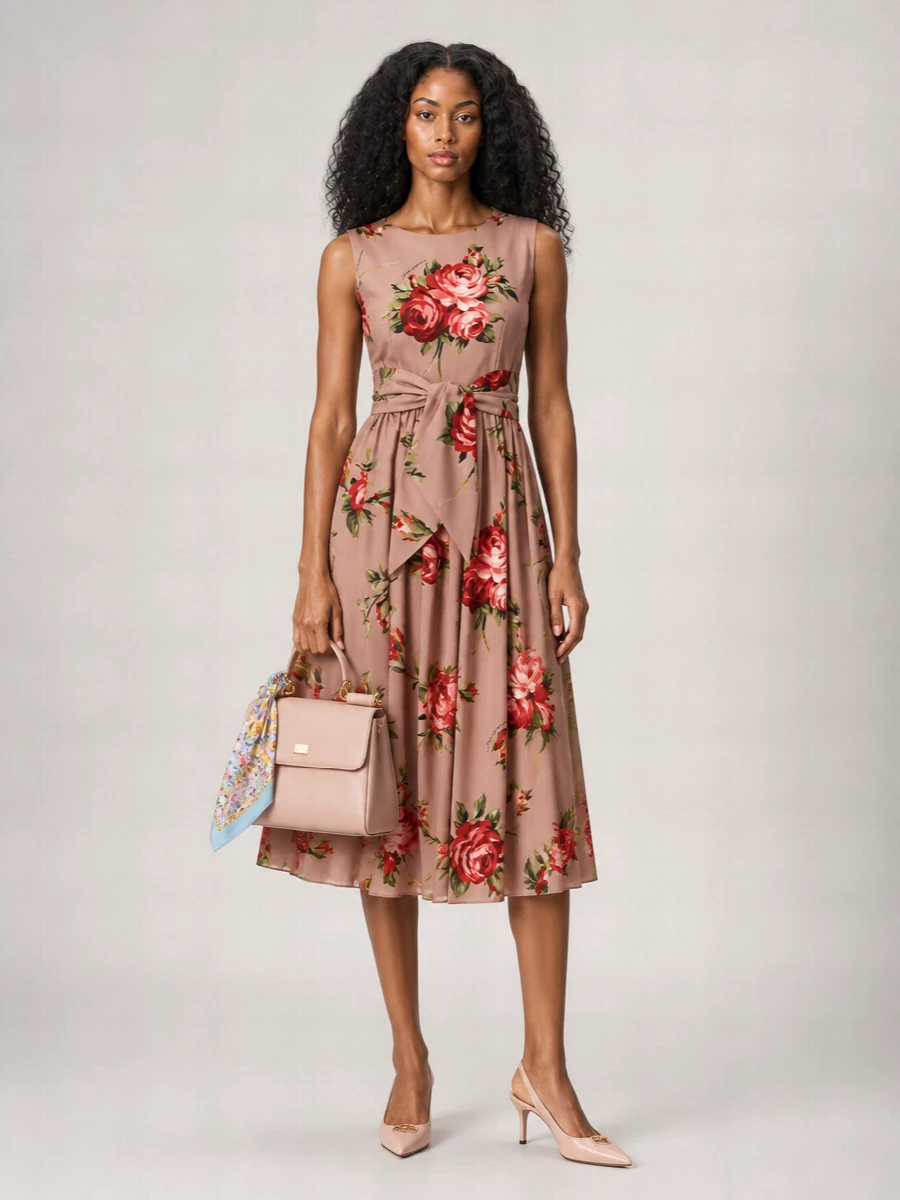 Dolce&Gabbana Silk Floral-Print Sweetheart-Neckline Long-Sleeve Midi Dress