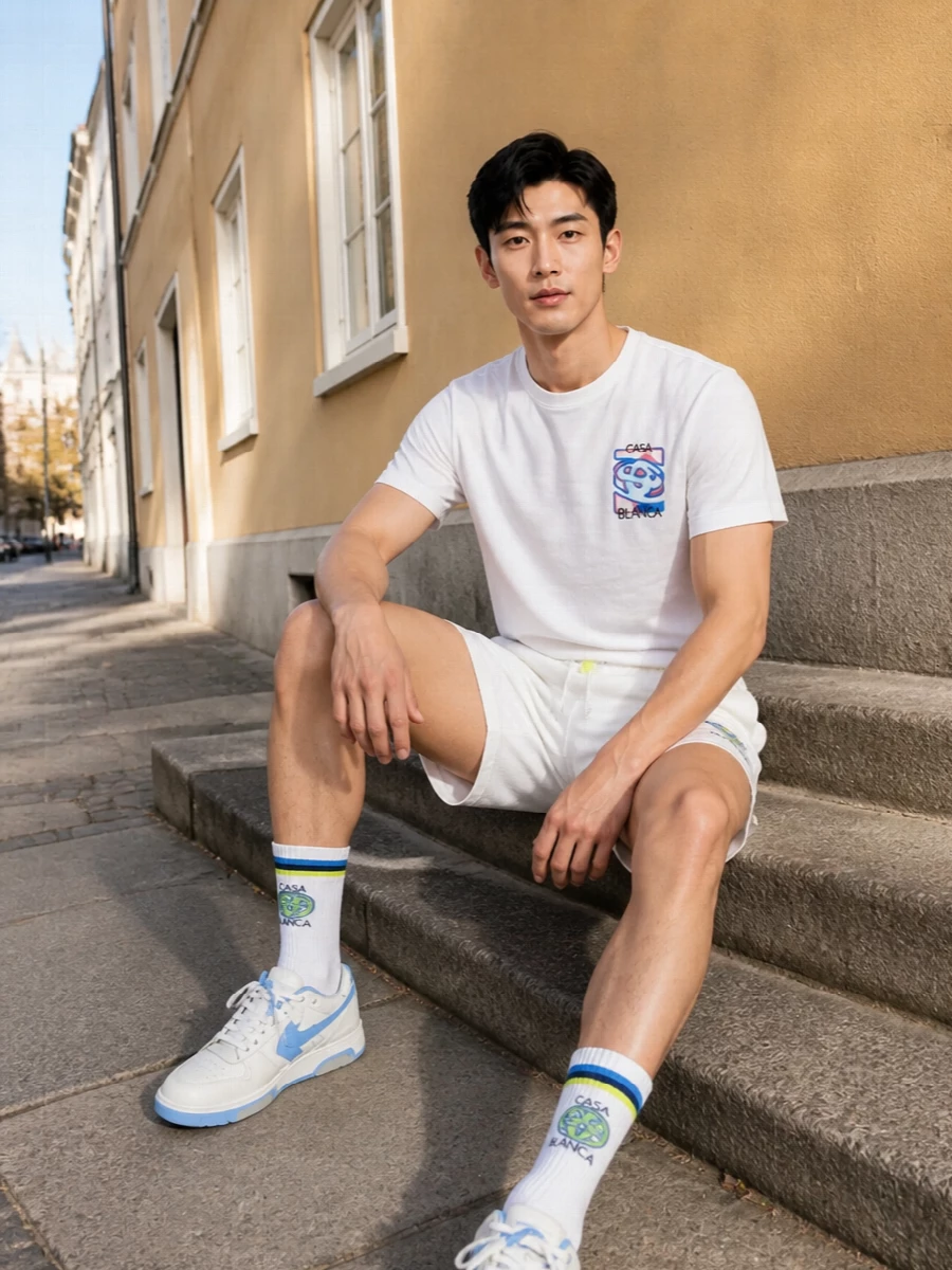A crisp tennis-club story built around Casablanca whites and soft blues, this outfit feels fresh and graphic without shouting. The matching crest short and pastel-accent sneaker keep the line clean and sporty, while the neutral tote quietly polishes everything for city errands or resort afternoons. Logo socks peek out just enough to underline the playful club motif head to toe.