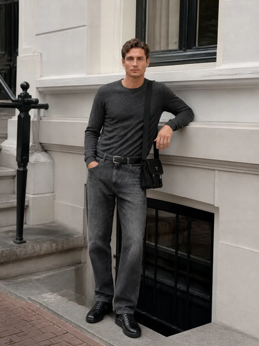 Prada charcoal jeans grey crewneck black sneakers