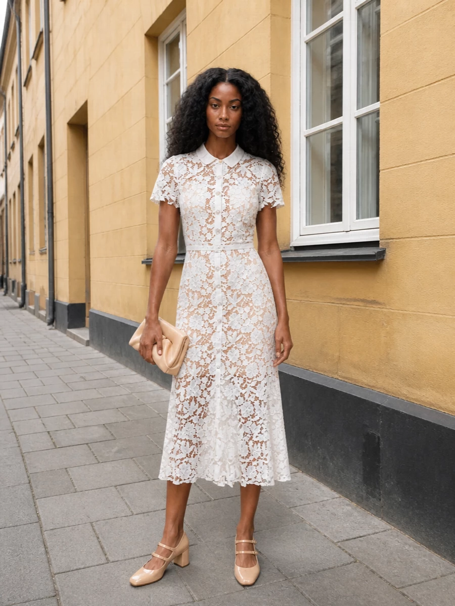 Self portrait lace midi dress carel nude slingbacks