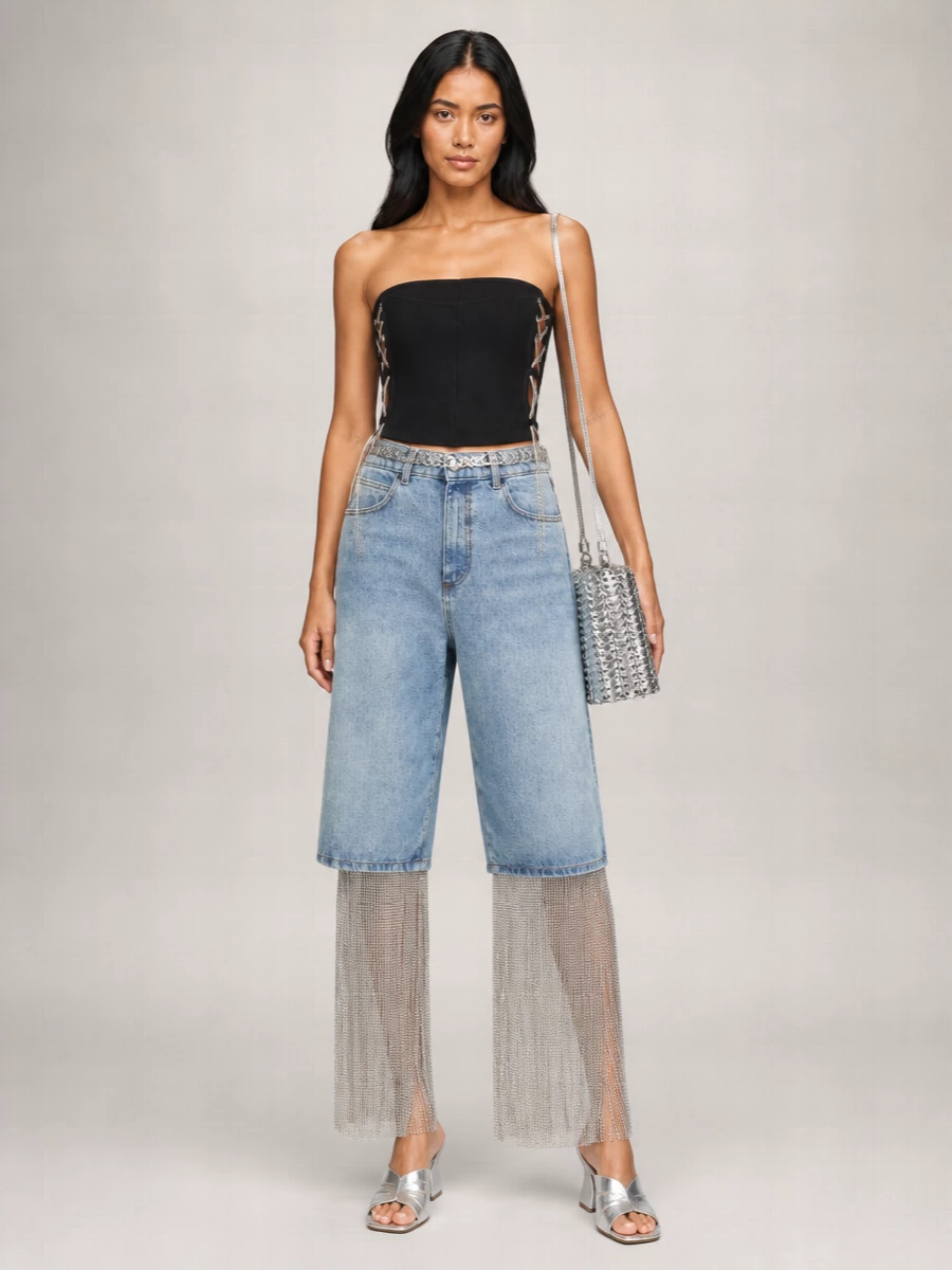 Giuseppe Di Morabito Crystal-Embellished Denim Wide-Leg Trousers