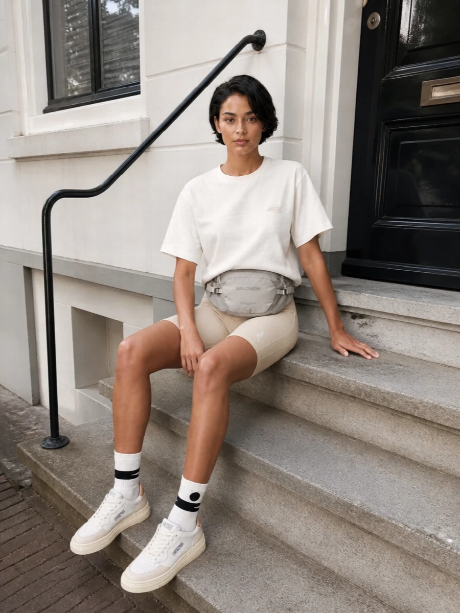 Autry beige cycling shorts white tee outfit