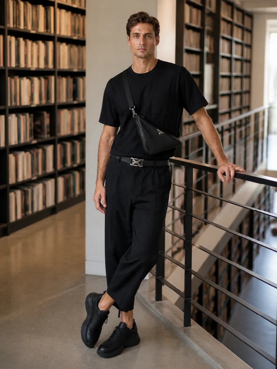 Sacai black tee cropped trouser prada sneakers