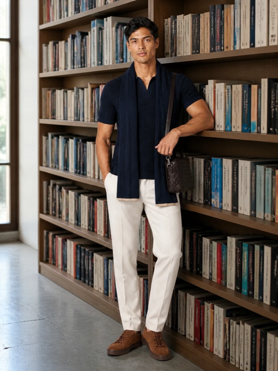 Etro navy polo cream trousers tods sneakers