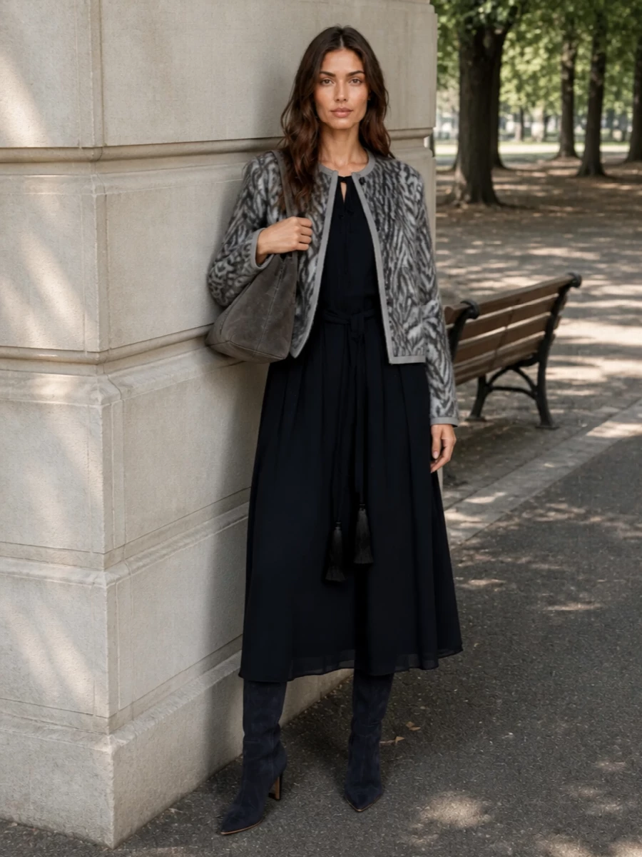 I’m taking the dress route here, letting the Forte Forte midnight midi underpin the hazy animal-motif jacket for a dark, fluid column with a soft wild halo. Inky knee boots keep the proportions long and lean, while the smoky-grey suede shoulder bag grounds all that texture with a quiet, structured counterpoint. The result feels boho and quietly luxurious, ready for dinner in the city or a low-lit gallery night when you want presence without sharp tailoring.