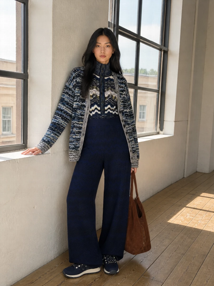 Missoni navy knit jacket wide leg trousers outfit